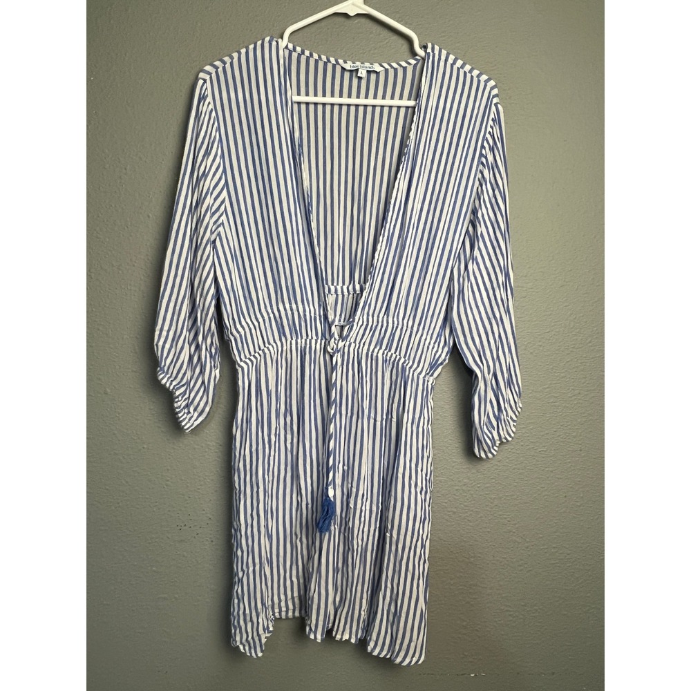 Blue Island Striped V-Neck Swim Cover-Up Dress Blue White Tassel Waist Large